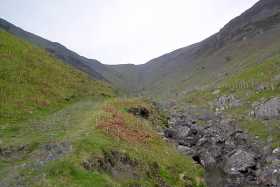The disused Rigghead Quarries on the descent along Tongue Gill from High Spy