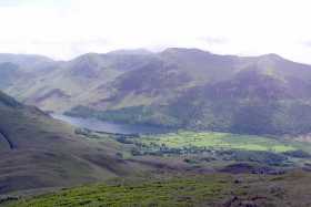 A great view of Buttermere village and the ridge from Red Pike to High Crag, from Whiteless Pike