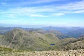 The fells north-west of Scafell Pike, including Great Gable, and Skiddaw on the horizon
