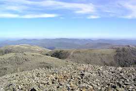 The view to the north from Scafell Pike, with the Helvellyn range on the horizon