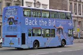 A double-decker bus, backing London's 2012 Olympic bid