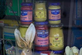 Dijon mustard in a shop display