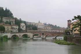 The Ponte Pietra over the Adige River originates from Emperor Augustus time, though it has been reconstructed several times.