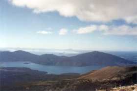 Lake Rotoaira in the foreground, and Lake Taupo and Mt Tauhara on the horizon