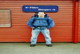 Mike at Myrdal Station, ready for the hike down to Fl&aring;m